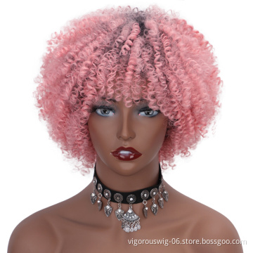 Wholesale Paice Afro Spring With Bangs Short Ombre Pink Kinky Curly Hair Synthetic Heat Resistant Wigs No Lace For Black Women